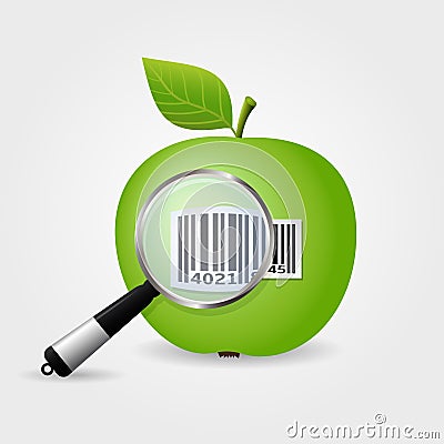 Magnifying glass searching bar code on green apple Vector Illustration