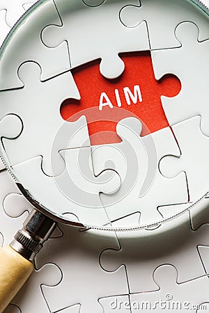 Magnifying glass searching missing puzzle peace AIM Stock Photo