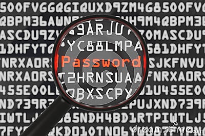 magnifying glass searching the word password on dark black computer screen with program code hacker password security malware Stock Photo