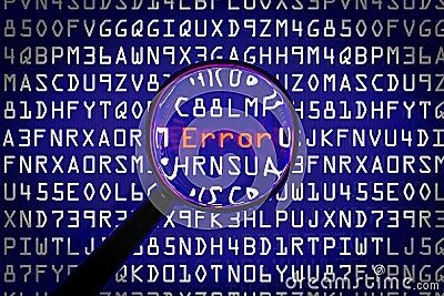 Magnifying glass searching the word virus on dark blue computer screen with program code; hacker malware concept; 3D Illustration Stock Photo