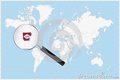 Magnifying glass showing a map of Arkansas on a world map Vector Illustration