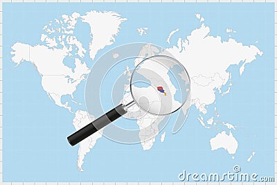 Magnifying glass showing a map of Armenia on a world map Vector Illustration