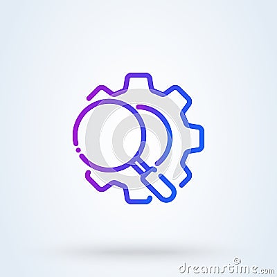 Magnifying glass sign line icon or logo. Search Gear Tool concept. looking over the gear to see the detail, vector linear Vector Illustration