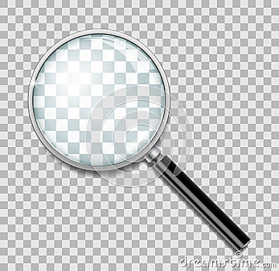 Magnifying glass with steel frame isolated. Realistic Magnifying glass lens for zoom on transparent background. 3d Vector Illustration