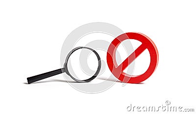 Magnifying glass and symbol NO on an isolated background. search and inability to find. No search results. Find the information Stock Photo