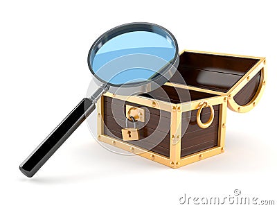 Magnifying glass with treasure chest Stock Photo