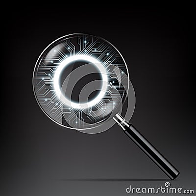 Magnifying glass vector illustration and vector microchip designs, CPU. technology elements with sparkles, luminescent circuit Vector Illustration
