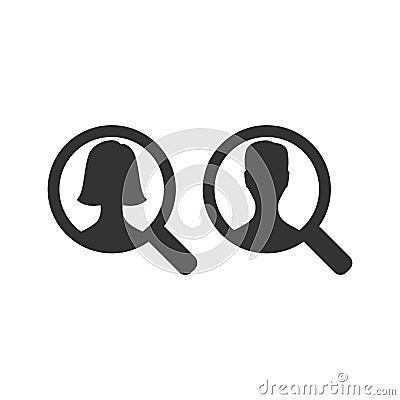 Magnifying glass with woman and man silhouette. Loupe and magnifier search employee icon.Ñ Vector Illustration