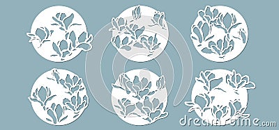 Magnolia buds in the circle. Laser cutting. Craft paper for decoration. Plotter, screen printing Vector Illustration