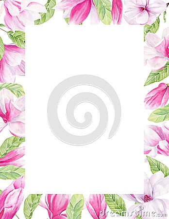 Magnolia buds and flowerheads watercolor hand drawn raster frame template Stock Photo