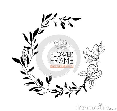 Wreath Magnolia flower drawing and sketch with black and white line-art. Vector Illustration