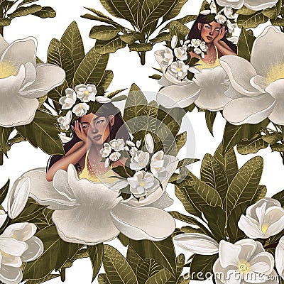 Magnolia flowers with leaves with beautiful girl. Fairies of flowers for fabric design. Beautiful flowers digital illustration,3-d Cartoon Illustration