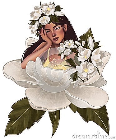 Magnolia flowers with leaves with beautiful girl. Fairies of flowers for fabric design. Cartoon Illustration