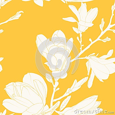 Magnolia flowers leaves tree branch. Seamless pattern texture. White on teal blue background. Vintage outline drawing. Vector Illustration
