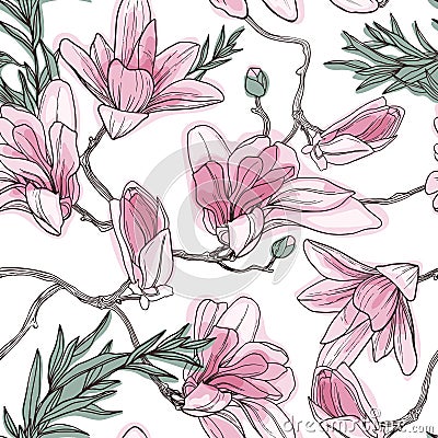 Magnolia flowers on a twig. Seamless floral pattern. Hand drawn. Good for wallpaper, textile design. Vector Illustration