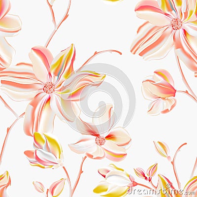 Magnolia light peach background, vector seamless flower print, floral plant arrangements. Tender orange yellow garden bloom Vector Illustration