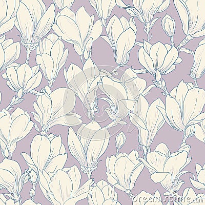 Magnolia pattern, blue line floral ornament. Seamless background. Hand drawn illustration in vintage style, cream color Vector Illustration