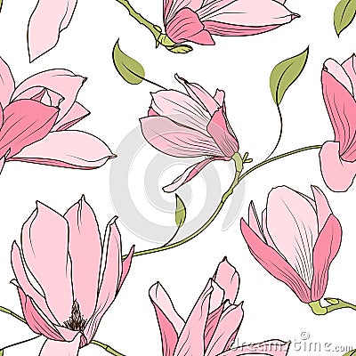 Magnolia sakura pink flowers seamless pattern. Vector Illustration