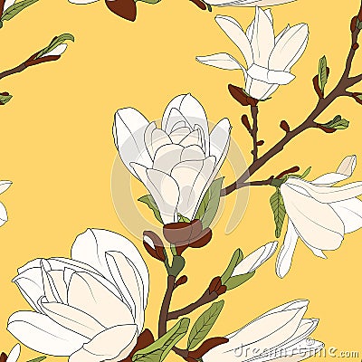 Magnolia tree branch flowers bloom blossom buds. Seamless botanical floral pattern. Bright yellow background. Vector Illustration