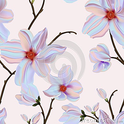 Magnolia violet background, vector seamless flower print, floral plant arrangements. Tender garden bloom Vector Illustration