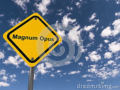 Magnum Opus traffic sign on blue sky Stock Photo