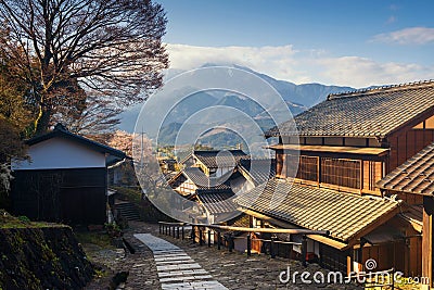 Magome juku preserved town at sunrise, Kiso Stock Photo
