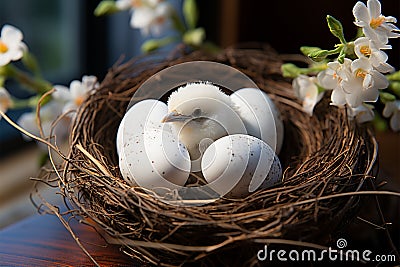 Magpie robins nest secures two delicate eggs on the branch Stock Photo