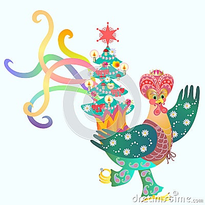 Magus - rooster and Christmas tree. Vector Illustration