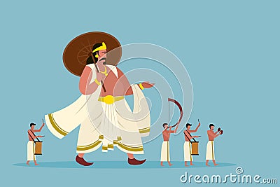 Mythical King of Kerala `Mahabali` walking with people playing percussion instruments Vector Illustration