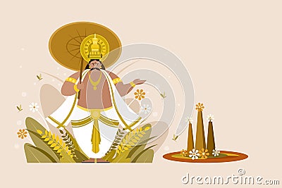Illustration of King Mahabali holding umbrella with Onam floral designs Vector Illustration