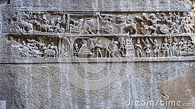 Mahabharata panel inside of the Kailasa temple, Ellora caves, Maharashtra, India Stock Photo