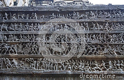 Mahabharata panel inside of the Kailasa temple, Ellora caves, Maharashtra, India Stock Photo