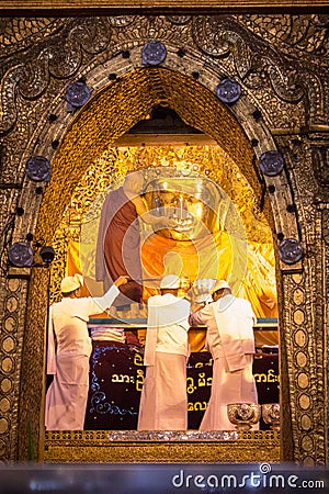 Mahamuni Buddha Temple, Mandalay Myanmar - 25 July 2018: Washing Editorial Stock Photo