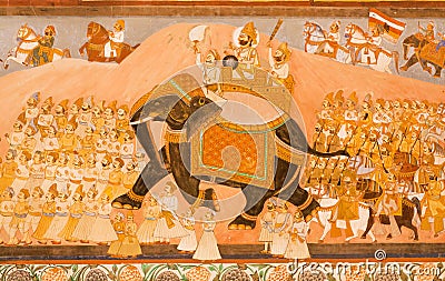 Maharaja riding on an elephant and his army on historical mural Editorial Stock Photo