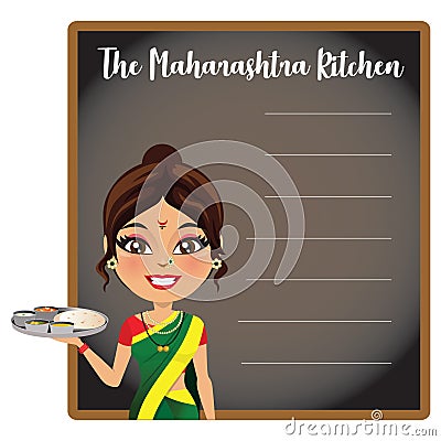 Indian woman from the state of Maharashtra in a traditional saree serving traditional Maharashtrian food in front of a menu list - Stock Photo