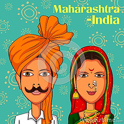 Maharashtrian Couple in traditional costume of Maharashtra, India Vector Illustration