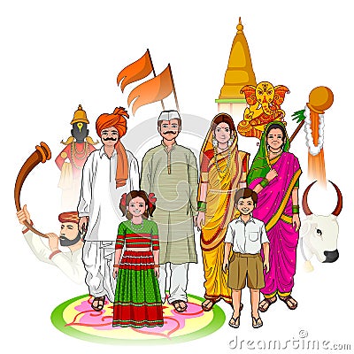 Maharashtrian family showing culture of Maharashtra, India Vector Illustration