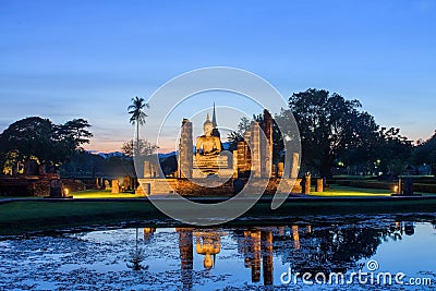 Mahathat temple in twilight time,Sukhothai Thailand. Stock Photo