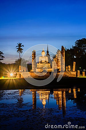 Mahathat temple in twilight time,Sukhothai Thailand Stock Photo