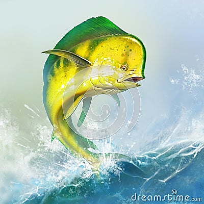 Mahi mahi yellow or dolphin fish on sea wave. Cartoon Illustration
