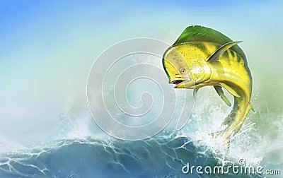 Mahi mahi yellow or dolphin fish on sea wave. Big dorado fish yellow-green realistic background illustration Cartoon Illustration