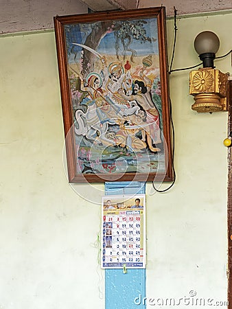 Mahishasura Mardini Painting at Wooden Door Pillar beam at veranda or verandah of Old House;a fishermenâ€™s village Worli-Koliwada Editorial Stock Photo