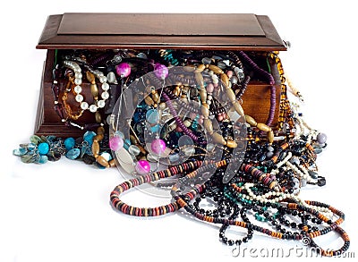 Mahogany box with costume jewellery Stock Photo