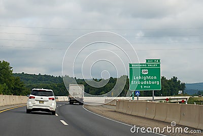 Mahoning Valley Exit 74 sign on the Northeast Extension Editorial Stock Photo