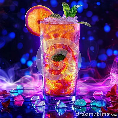 Mai Tai Cocktail Cocktail on Neon Background, Tropical Mocktail, Maitai Beach Party Coctail Stock Photo