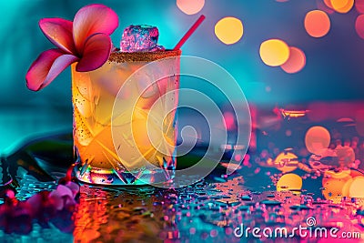 Mai Tai Cocktail Cocktail on Neon Background, Tropical Mocktail, Maitai Beach Party Coctail Stock Photo