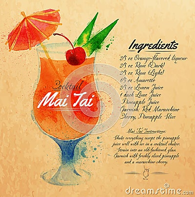 Mai Tai cocktails watercolor kraft Vector Illustration