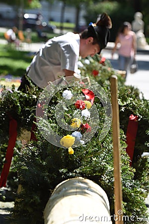 Maypole installation in Linz on the danube Upper Austria Editorial Stock Photo