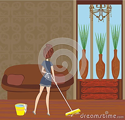 Maid cleans the room Vector Illustration