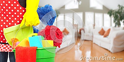 Maid hands with cleaning tools. Stock Photo